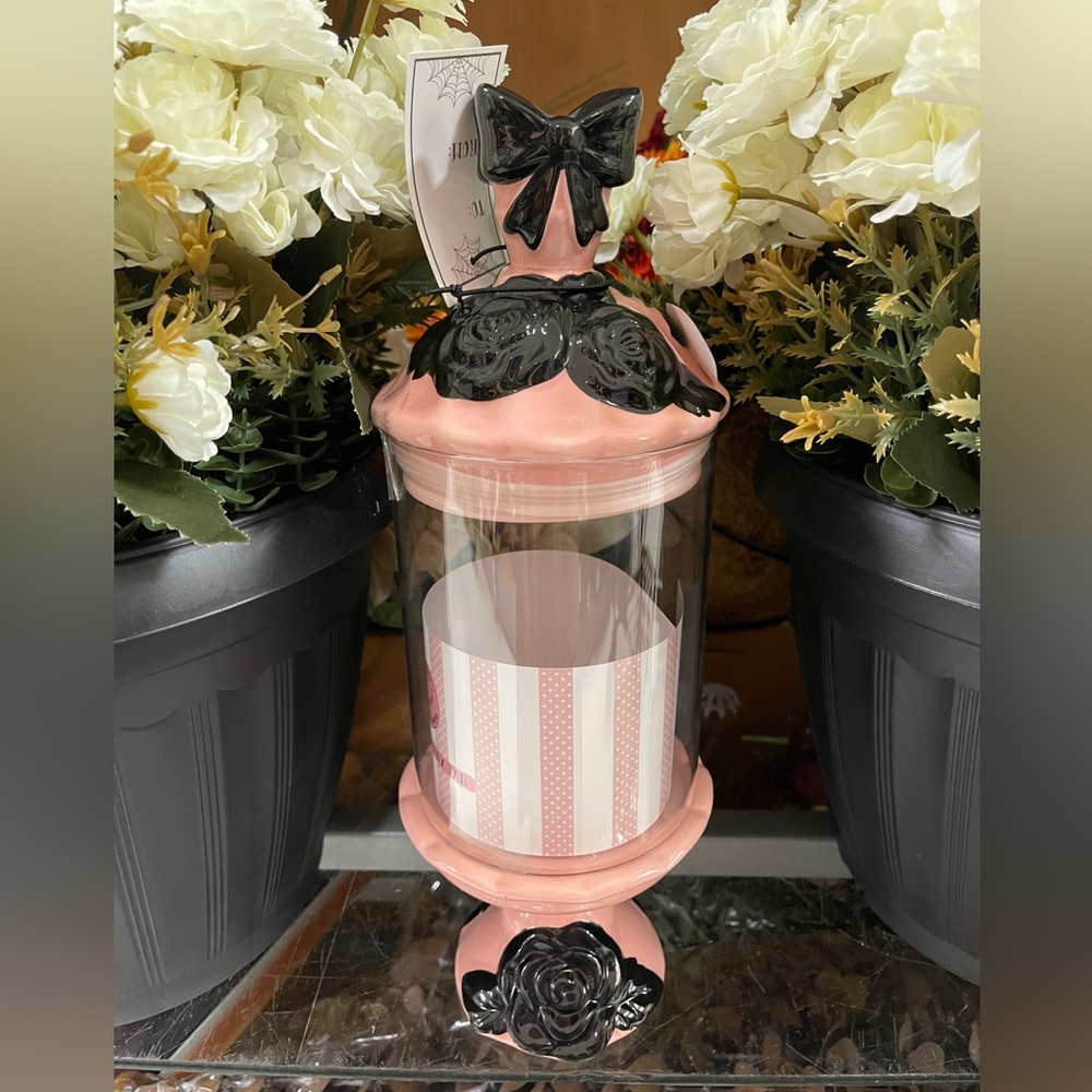 Pink Halloween Black Bow @ Black Roses Glass Candy jar/Treat Jar NWT Viral